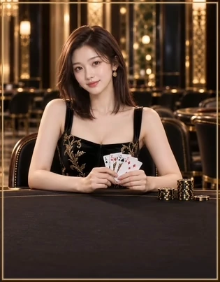 금색 조명의 테이블과 여성 딜러